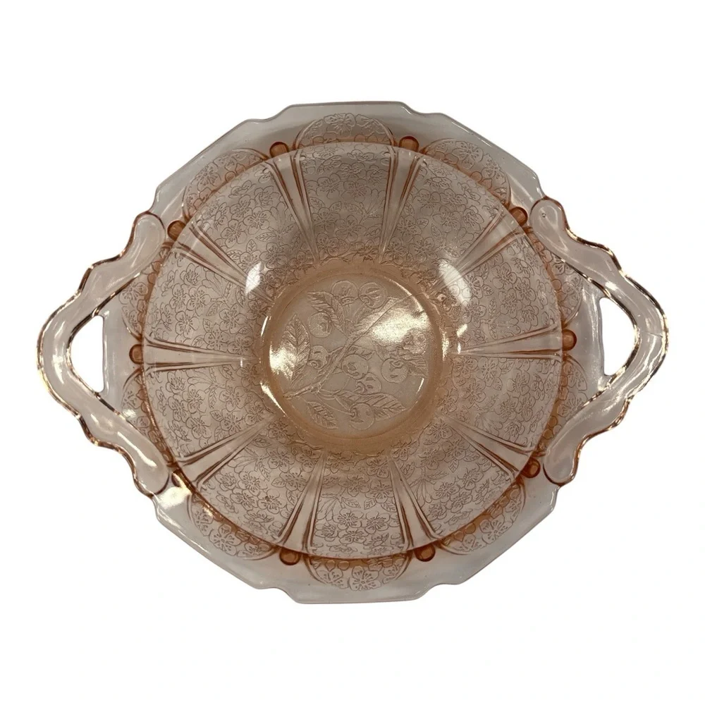 Vtg. Pink Depression Jeannette Glass Co. Cherry Blossom Pattern Bowl w/ Handles